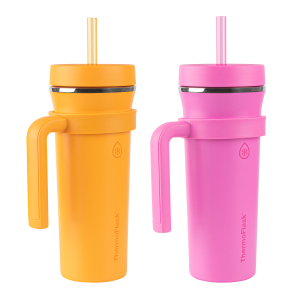 ThermoFlask 32oz Tumblers | 2 Pack | Insulated Stainless Steel with Handles & Straw Lids